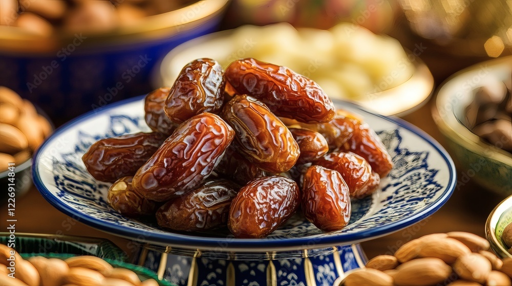Close-up of Sweet Medjool Dates on Ornate Plate with Almonds Close-up of Sweet Medjool Dates on Ornate Plate with Almonds