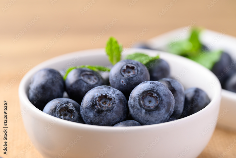 Blueberries in white bowl, Healthy fruit, Food ingredient Blueberries in white bowl, Healthy fruit, Food ingredient