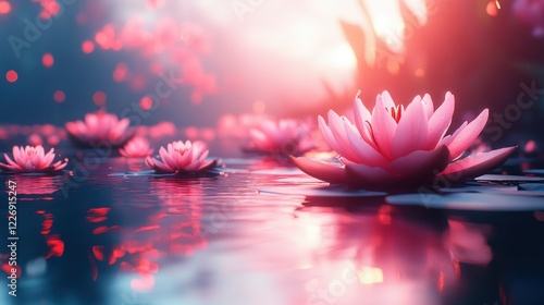 Pink lotuses sunset pond serene nature fantasy photo