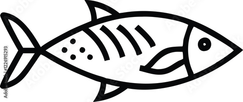 Fish outline, simplified drawing, black and white, minimalist design, stylized fish, cartoon-like, single line art, graphic illustration, aquatic creature, marine life symbol, clean vector style, fish