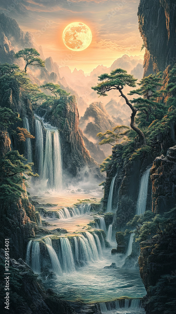 Fototapeta premium Gold-inlaid jade carving, an ultra-wide shot of a Chinese landscape painting with pine trees and waterfalls flowing into the sea from top to bottom, green mountains and a golden moon, Enchanted Golden