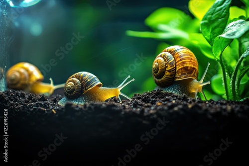 Giant Achatina snails crawl on a transparent aquarium wall. A simple soil layer with green leaves creates a natural and exotic habitat for these terrestrial gastropods. photo