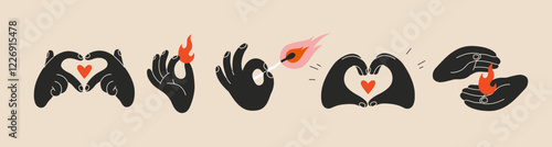 Hands gestures set, black and red colors. Gesturing human arms holding fire and match, making Heart shape. Trendy modern vector illustration isolated on light background, hand drawn, flat design