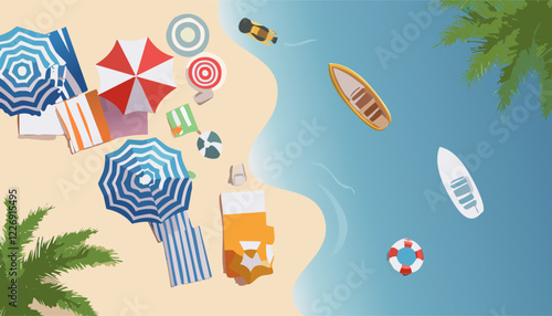 An aerial view shows a vibrant beach with umbrellas, chairs, a boat, and a life preserver