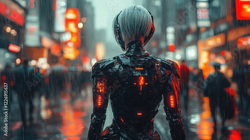 Futuristic humanoid robot in rainy urban scene