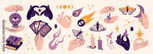 Hands gestures and Mystical Spiritual Astrology elements set. Human arms holding tarot cards, magic crystal ball, flame, moth and star. Esoteric concept. Trendy modern vector illustration, flat