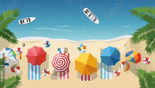 Aerial view of a beautiful beach filled with colorful boats and vibrant umbrellas