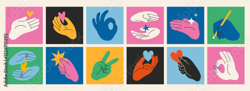 Bright Hands gestures set. Square colorful icons with Gesturing human arms showing peace and OK sign, hold Heart, pen, star and fire. Trendy modern vector illustration, hand drawn, flat design