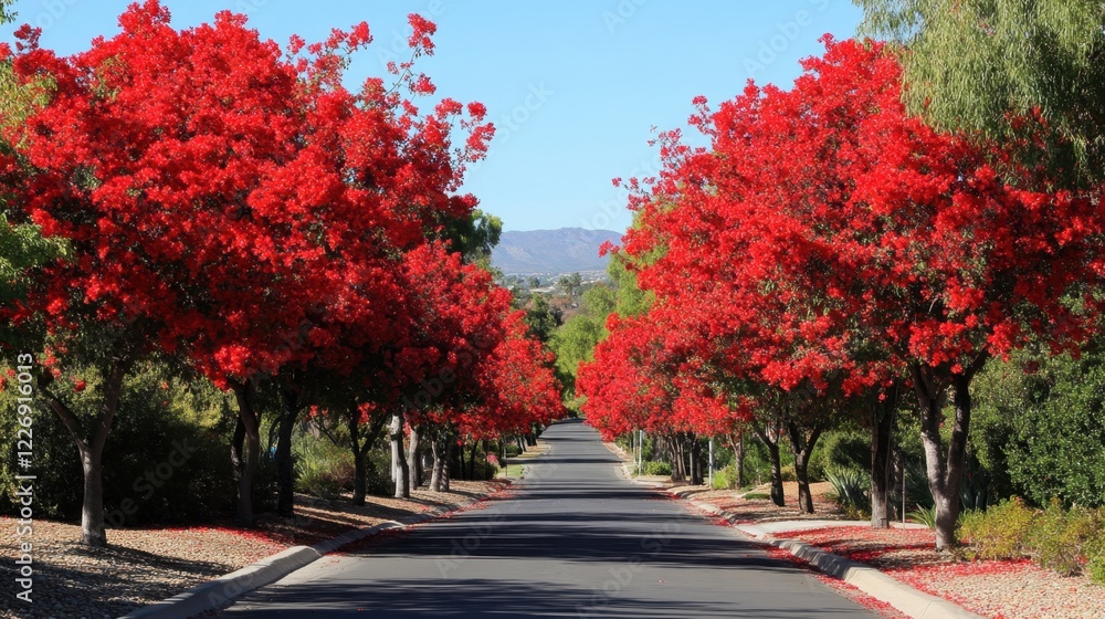 A colorful, peaceful street lined with red flowers, perfect for a serene walk or drive. A colorful, peaceful street lined with red flowers, perfect for a serene walk or drive.