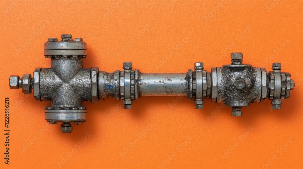 A cross-section of industrial piping displayed on a rust-colored background, sharp and raw. A cross-section of industrial piping displayed on a rust-colored background, sharp and raw.