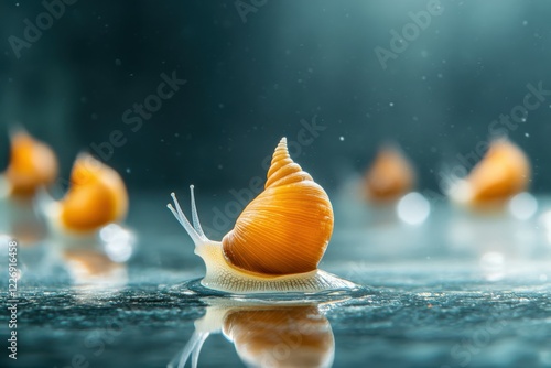 Several Achatina snails explore a smooth glass surface. Their spiral shells glisten, creating a fascinating contrast with the clear aquarium, highlighting the beauty of gastropods in nature. photo