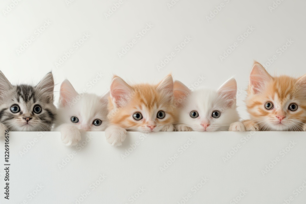 A delightful group of kittens peek over a white table, their tiny paws visible. These curious felines, showcasing a variety of breeds, exude charm and playful innocence.