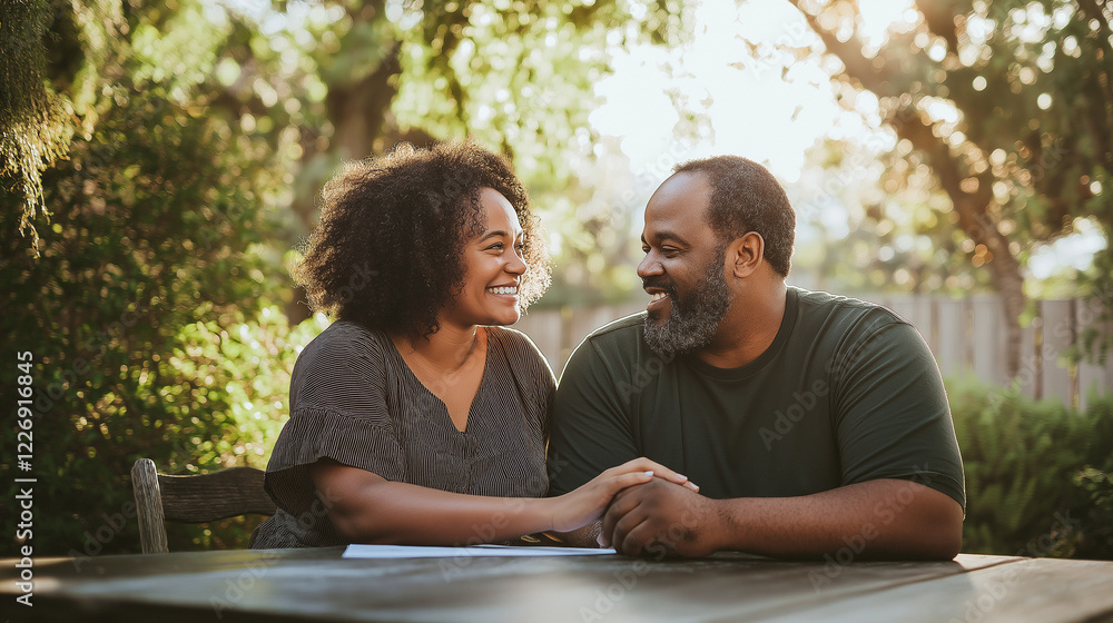 Couple planning purchases outdoors with relaxed vibe. Couple planning purchases outdoors with relaxed vibe.