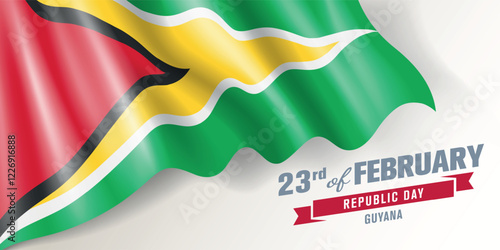 Guyana republic day vector banner, greeting card. Guyanan wavy flag in 23rd of February national patriotic holiday horizontal design