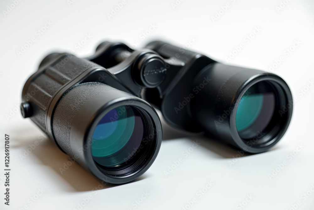 Closed black binoculars on a white background. Closed black binoculars on a white background.