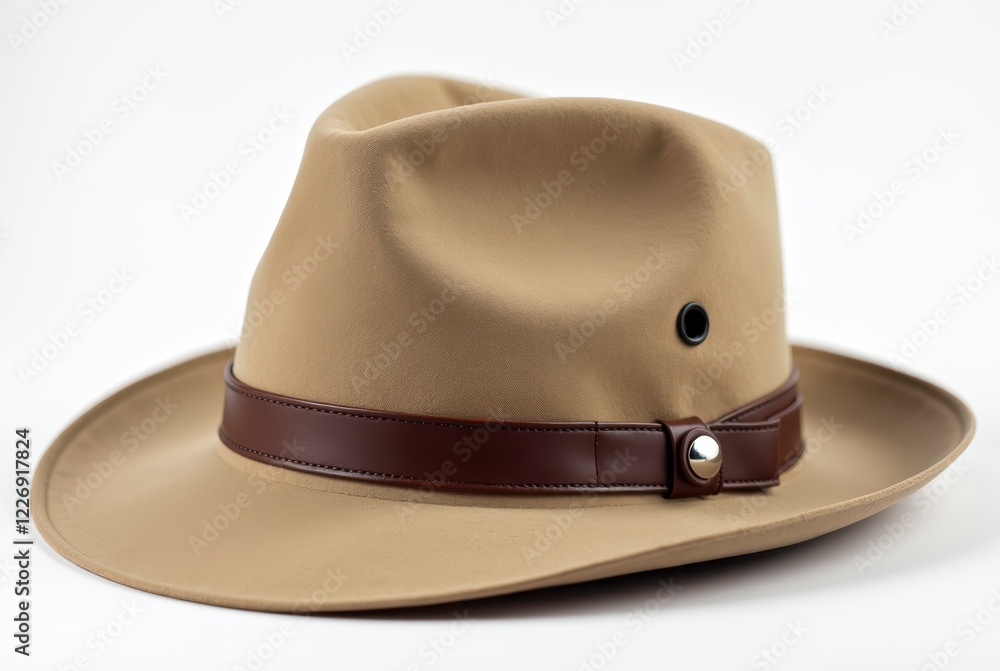 A tan safari hat with a brown leather band and metal button. A tan safari hat with a brown leather band and metal button.