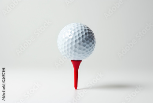 A golf ball on a red tee stand on a white surface.
