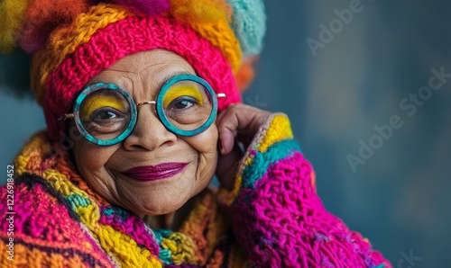 Joyful Elderly Woman with Bright Makeup and Stylish Circle Glasses Embracing Life with a Smile in Colorful Knitwear - Fun and Vibrant Kidulthood Concept,  photo