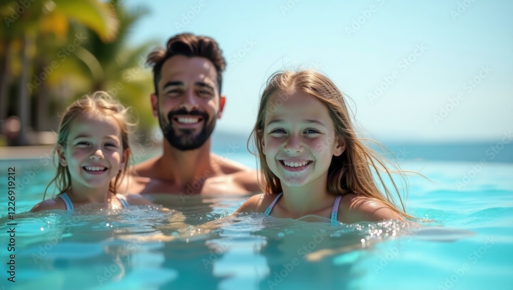 Man and two girls are in pool with man Man and two girls are in pool with man