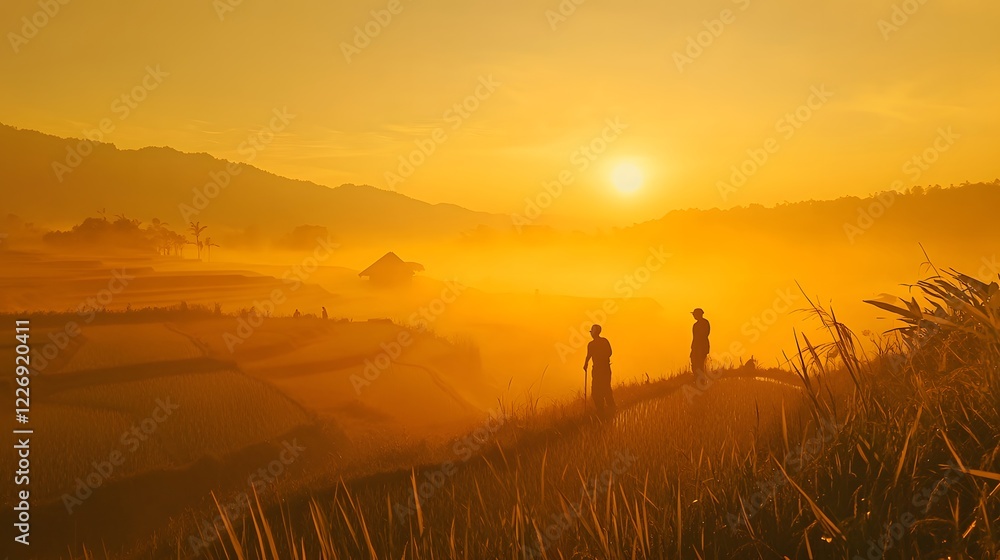 Fototapeta premium Two silhouettes standing on a hill, golden sunrise casting warm light, peaceful moment in nature, ideal for inspiration text.