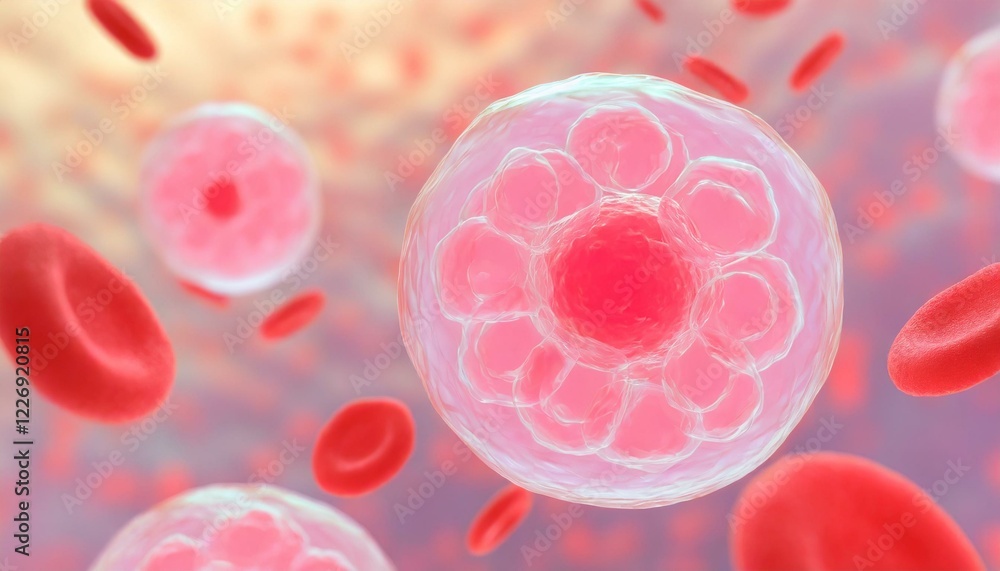 3D Illustration of Hematopoietic Stem Cells Producing Red Blood Cells in Body. Medical Illustration. 3D Illustration of Hematopoietic Stem Cells Producing Red Blood Cells in Body. Medical Illustration.