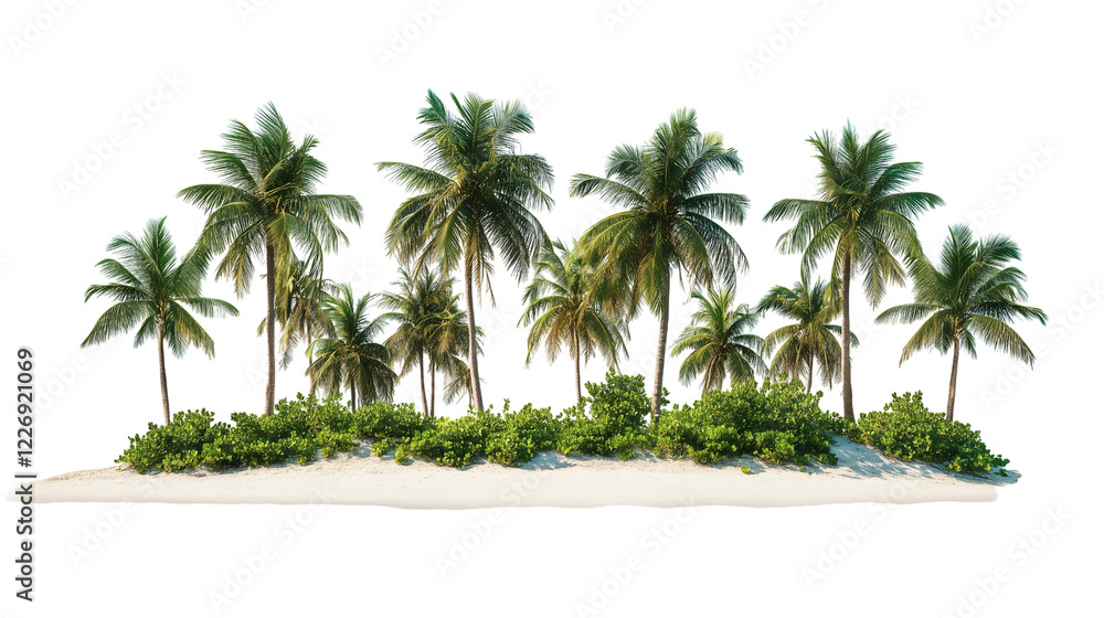 Obraz premium Tropical Beach With Palm Trees Creating a Serene Oasis on a White Background