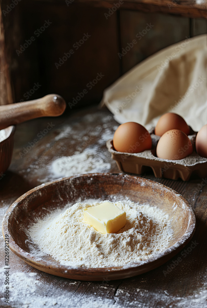 Fototapeta premium A rustic kitchen setting with eggs, butter, and flour on the table, symbolizing baking in an old-fashioned way. 