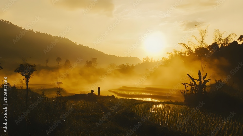 Serene sunset over misty valley, warm golden light illuminating mountains, perfect for nature-themed projects or relaxation. Serene sunset over misty valley, warm golden light illuminating mountains, perfect for nature-themed projects or relaxation.