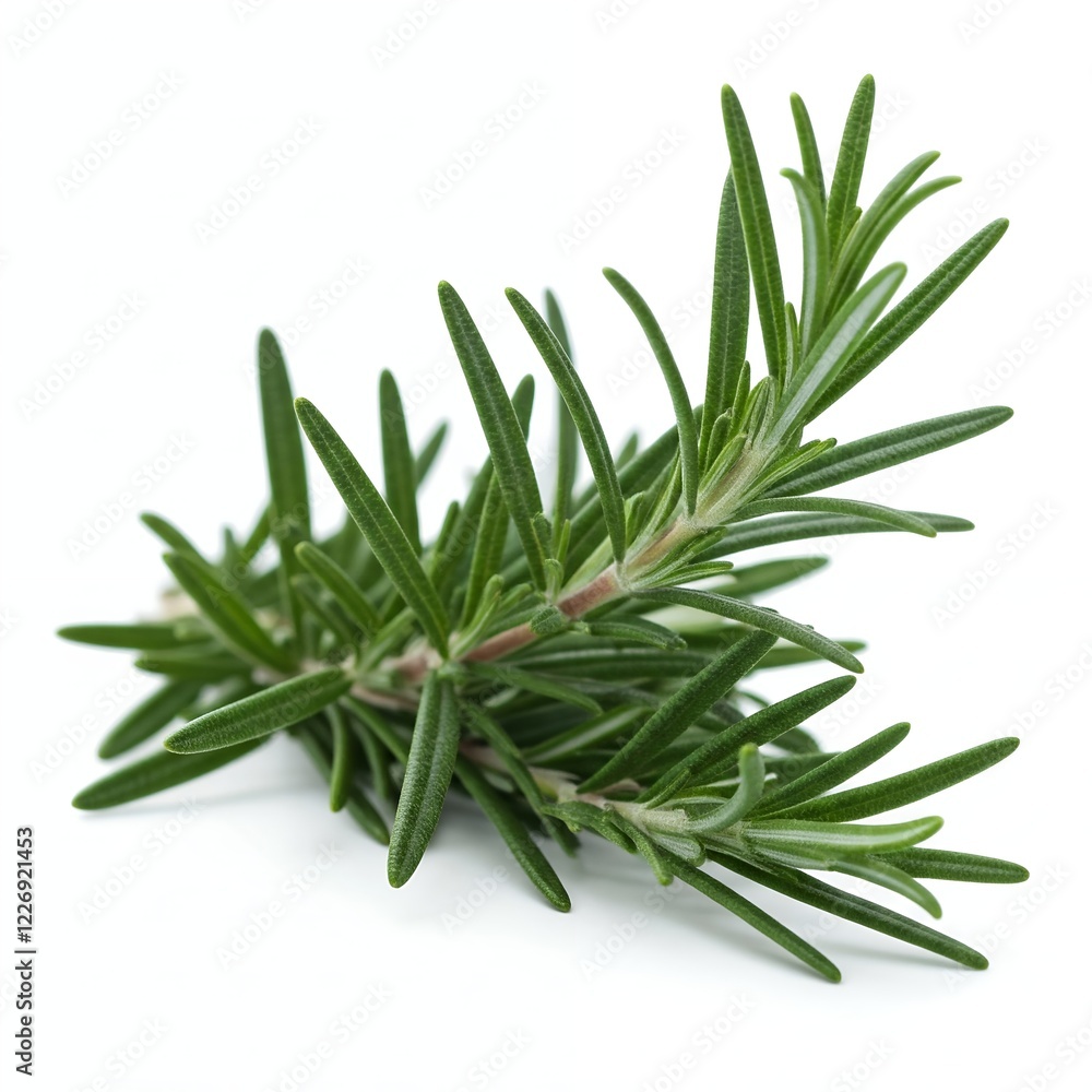 Fototapeta premium A sprig of rosemary with its needles clearly visible, isolated on a white background.