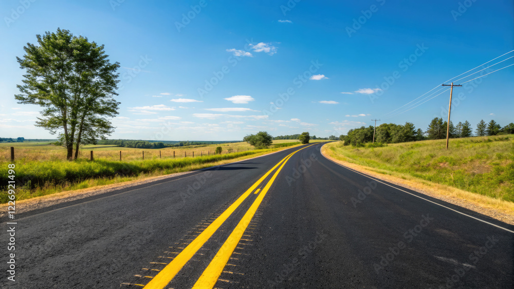 A long straight road stretches into the distance, above the head - bright blue sky, symbolizing the journey, the way A long straight road stretches into the distance, above the head - bright blue sky, symbolizing the journey, the way