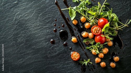 Fototapeta Naklejka Na Ścianę i Meble -  Fresh Cherry Tomatoes, Herbs, and Chickpeas with Balsamic Drizzle on a Dark Background. Artistic High Cuisine Plating for Gourmet Dining, Menus, or Culinary Blogs. Artistic High Cuisine Presentation f