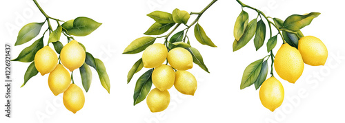 Set of fresh lemons hanging branches with green leaves, showcasing vibrant colors and natural beauty. Watercolor clip art, isolated on white/transparent background.