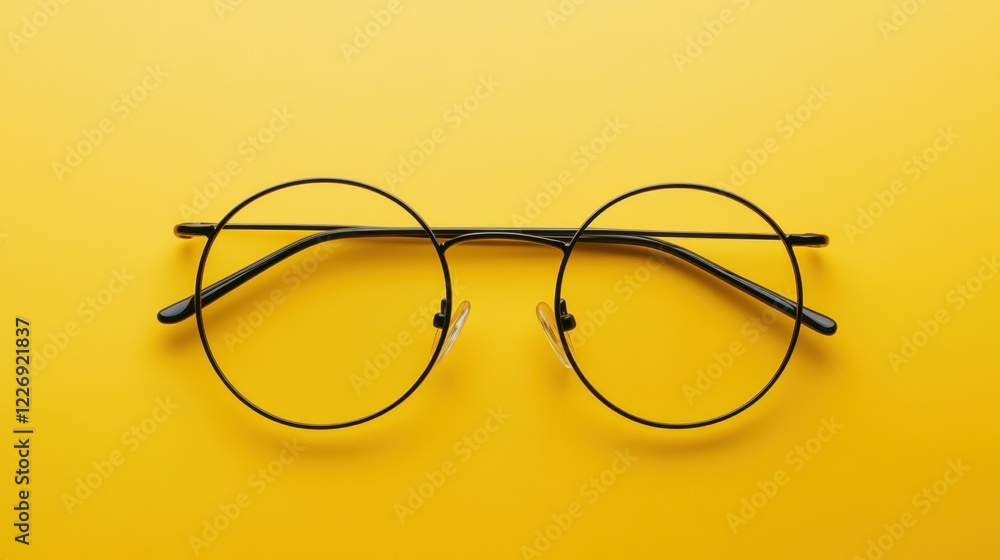 Round wire-frame glasses on a yellow background, arranged with symmetry and minimalist aesthetic Round wire-frame glasses on a yellow background, arranged with symmetry and minimalist aesthetic