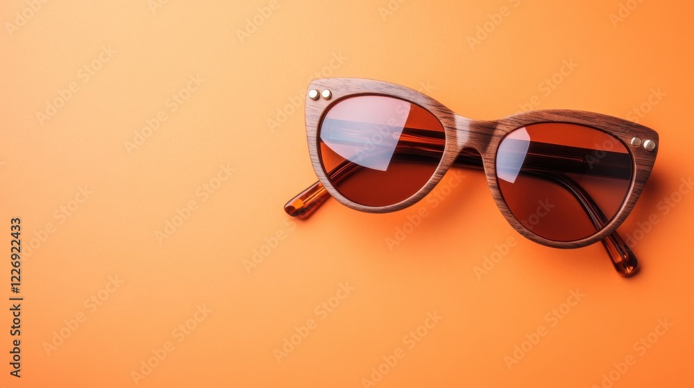 Sunglasses with wooden temples on a warm orange background, suggesting eco-consciousness Sunglasses with wooden temples on a warm orange background, suggesting eco-consciousness