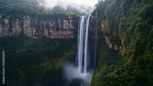 Majestic waterfall cascading down lush green cliffs, serene surroundings reflecting nature's beauty, perfect for tranquility themes.