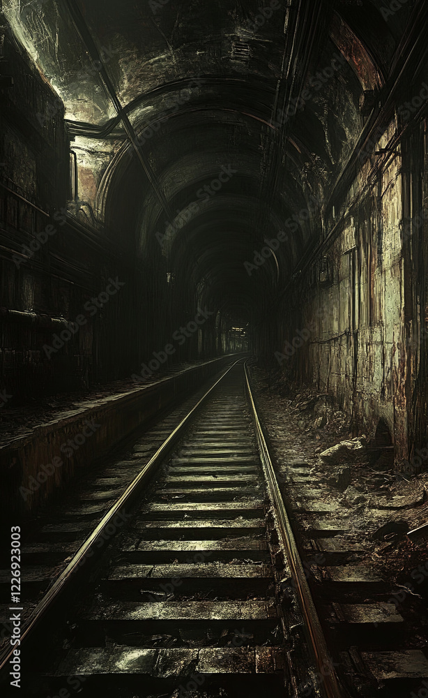 Naklejka premium Dimly Lit Railway Tunnel with Vanishing Tracks