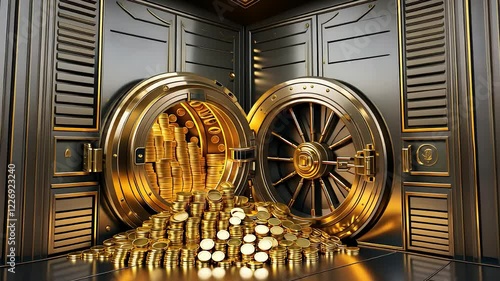 Open Bank Vault Overflowing with Gold Coins and Bars in a Secure Financial Storage Room with Metallic Walls

 photo