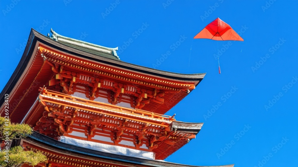 Red Kite Soaring Above Japanese Temple Architecture in Vivid Blue Sky Red Kite Soaring Above Japanese Temple Architecture in Vivid Blue Sky