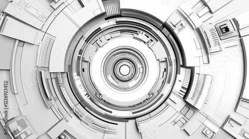 Abstract futuristic circular design with geometric shapes in shades of white and grey