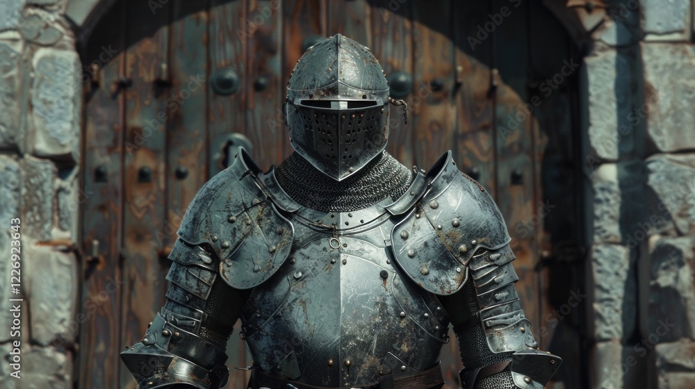 Medieval Knight in Armor on the Background of the Wooden Door Medieval Knight in Armor on the Background of the Wooden Door