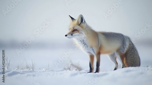 Tibetan sand fox standing alert a snowy plain its squareshaped face and dense fur glowing gently under the soft afternoon light of the highlands photo