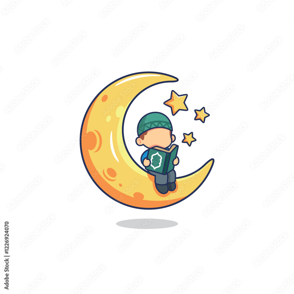 Obraz premium Moslem kid reading Qur'an sit on crescent moon cartoon illustration vector