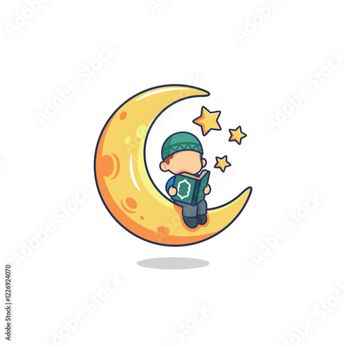 Moslem kid reading Qur'an sit on crescent moon cartoon illustration vector