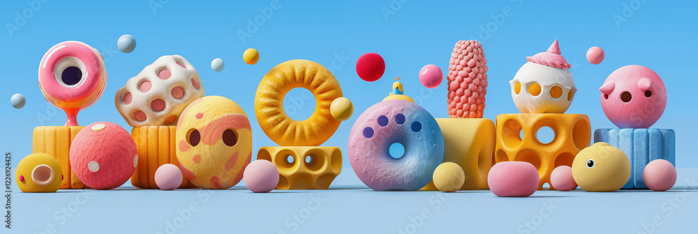 Naklejka premium Colorful abstract foam shapes create a playful scene against a bright blue background