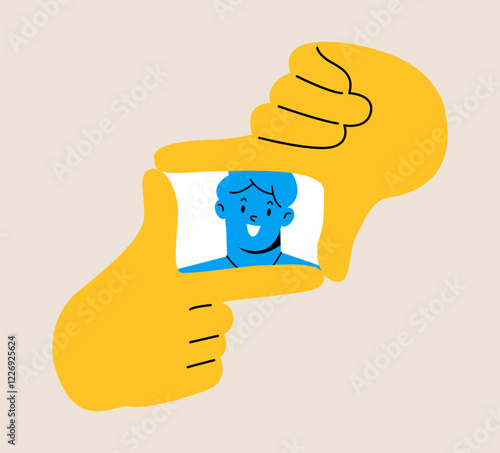 Hand gesture posing for picture. Man takes photo from hand frame. Photography concept. Colorful vector illustration