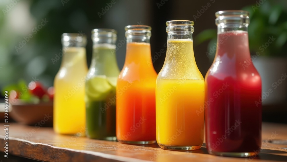 Bottles are lined up on table with different colored drinks Bottles are lined up on table with different colored drinks
