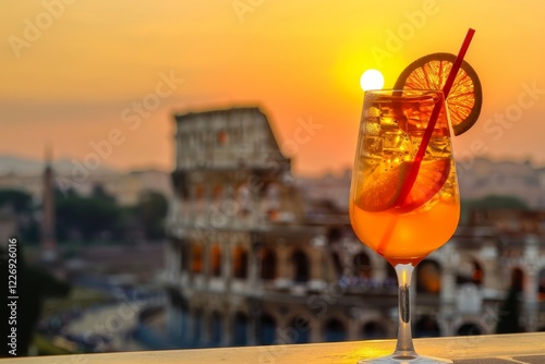 Un bicchiere di cocktail Spritz, decorato con una fetta d'arancia e una cannuccia, appoggiato su un tavolo sulla terrazza. Sullo sfondo, il Colosseo al tramonto photo