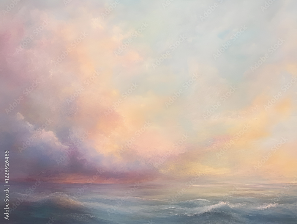 Obraz premium Celestial Sea: A canvas of dreamy pastels captures the beauty of a twilight sky and the gentle swell of a distant sea. The horizon blends with a symphony of soft pink, lavender, and gold.