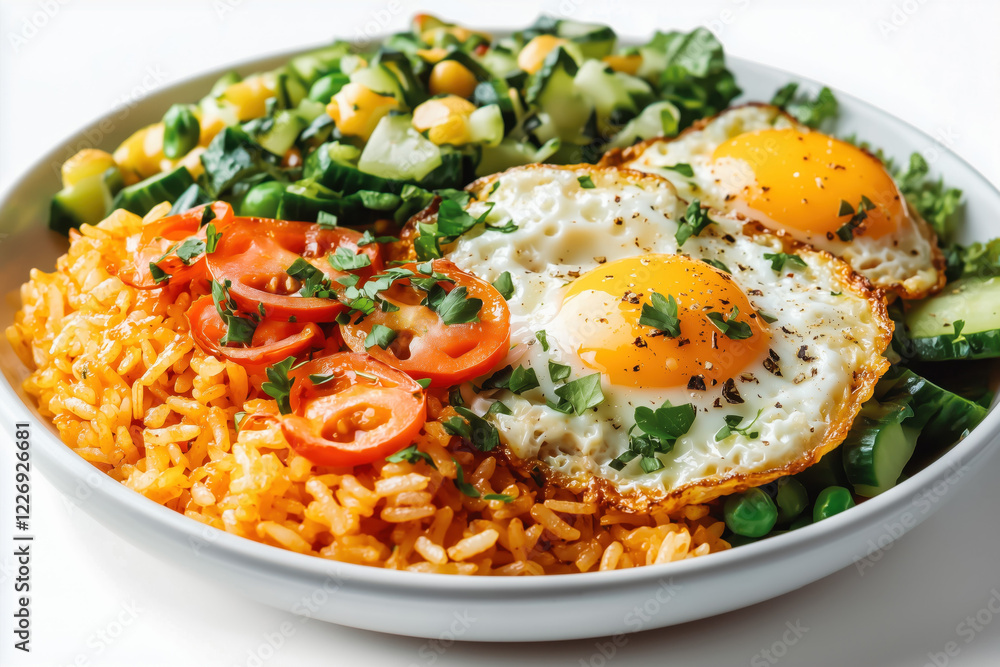 Hearty and healthy bowl: rice, eggs, and fresh veggies. Hearty and healthy bowl: rice, eggs, and fresh veggies.
