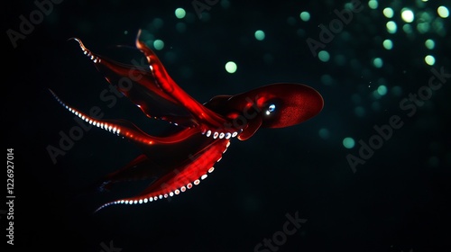 Vampire squid hovering the dark ocean depths its glowing bioluminescent tips and vivid red body creating a mysterious and haunting underwater scene